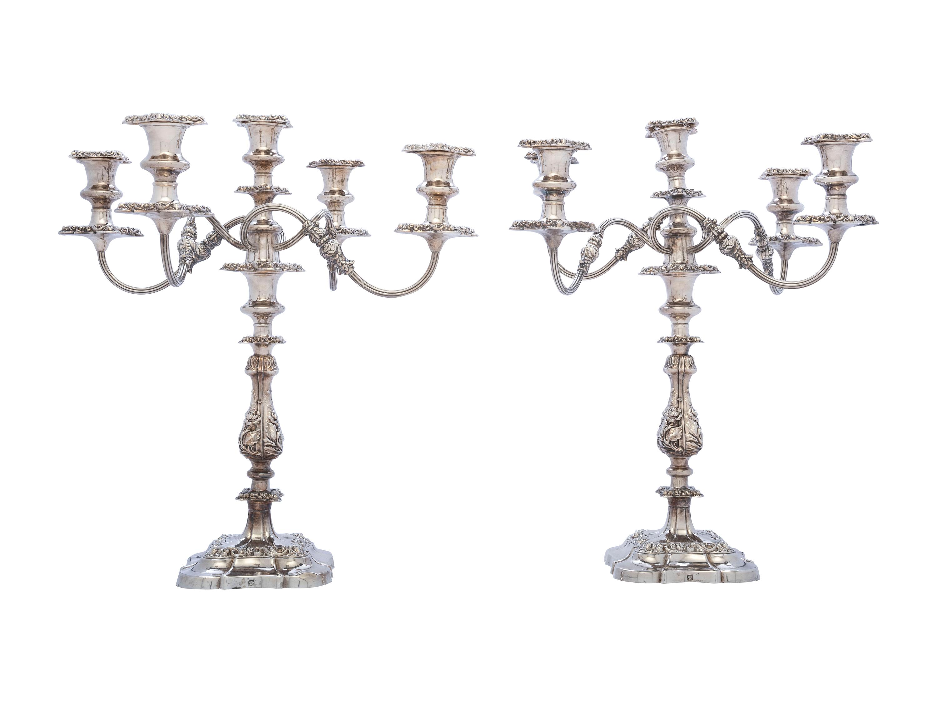 A Pair of English Silverplate Five-Light Candelabra