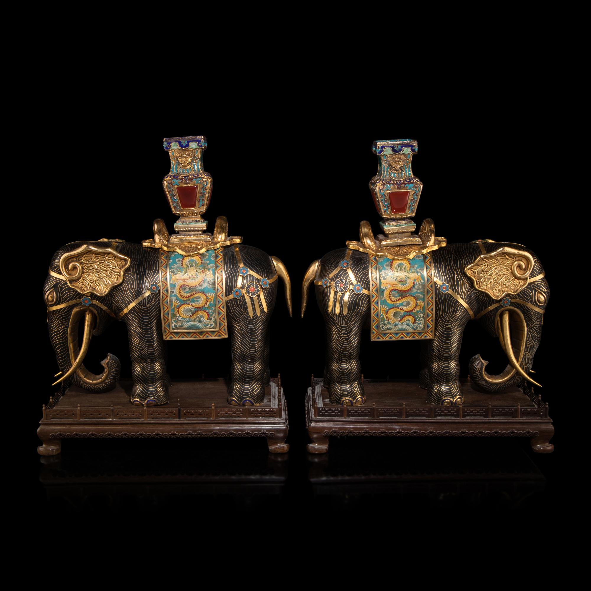 A Pair of Large Chinese Parcel Gilt Bronze and Cloisonné Elephants, 20th Century — 近代 掐絲琺琅太平有象一對