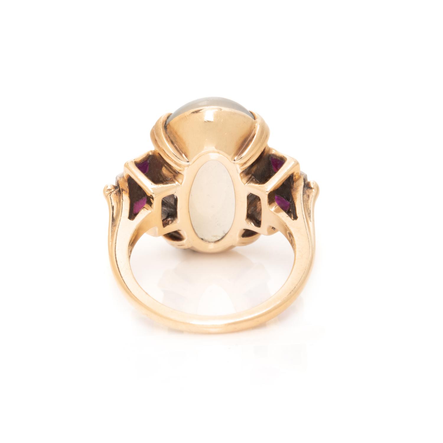 MOONSTONE, RUBY, AND DIAMOND RING