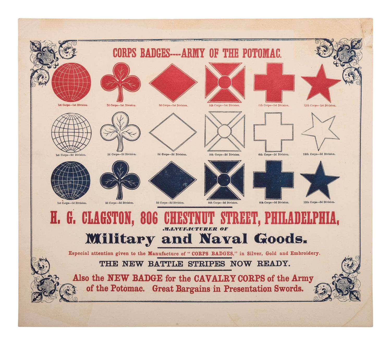 [CIVIL WAR]. Corps Badges----Army of the Potomac. [Philadelphia, PA]: ca 1863.