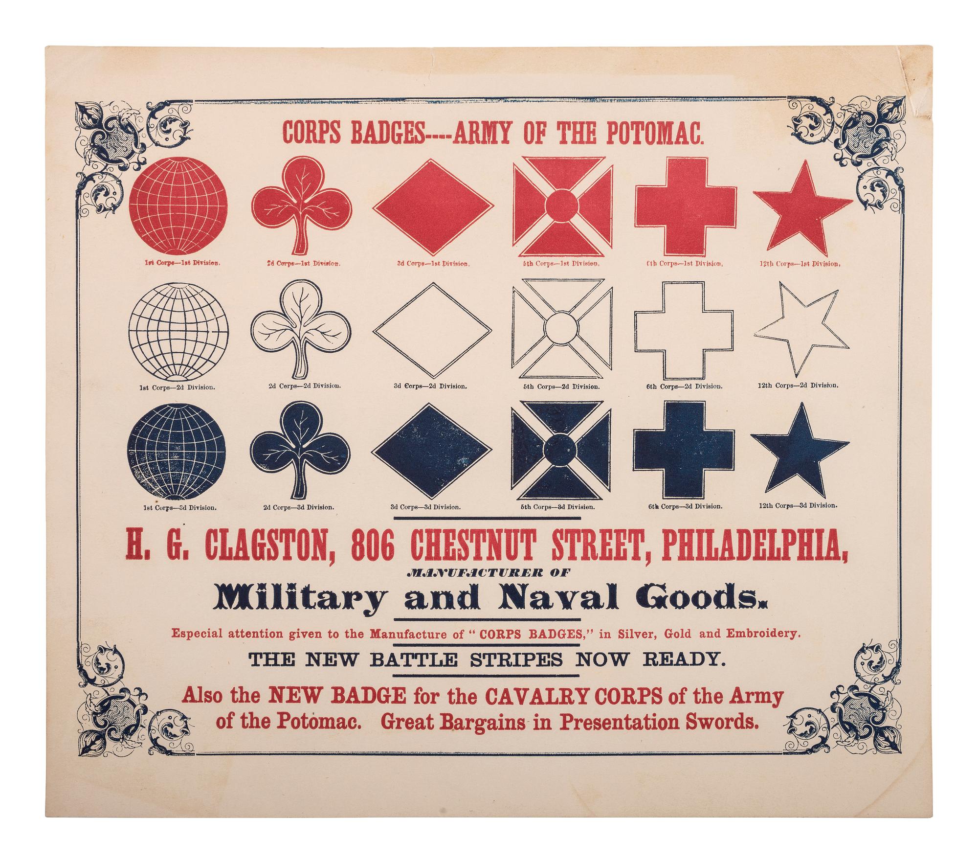 [CIVIL WAR]. Corps Badges----Army of the Potomac. [Philadelphia, PA]: ca 1863.