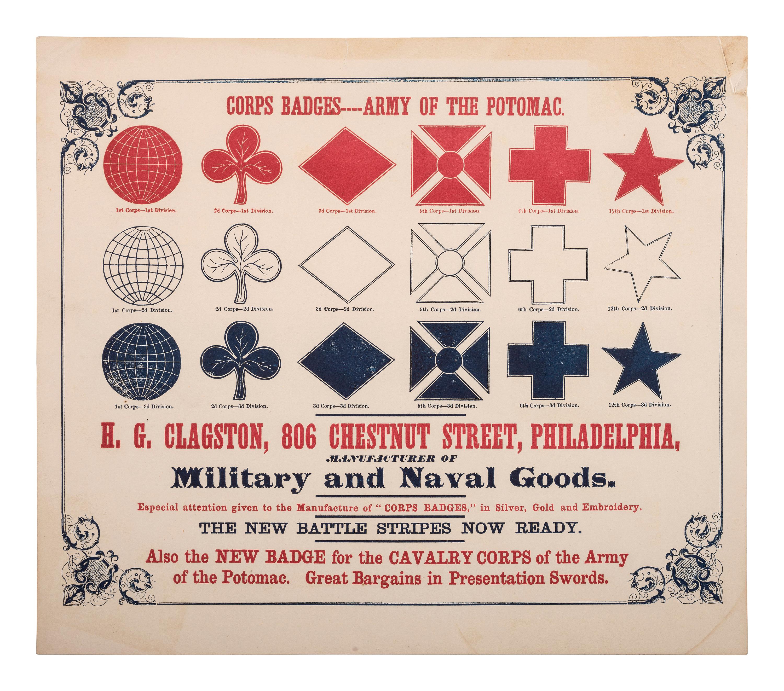 [CIVIL WAR]. Corps Badges----Army of the Potomac. [Philadelphia, PA]: ca 1863.