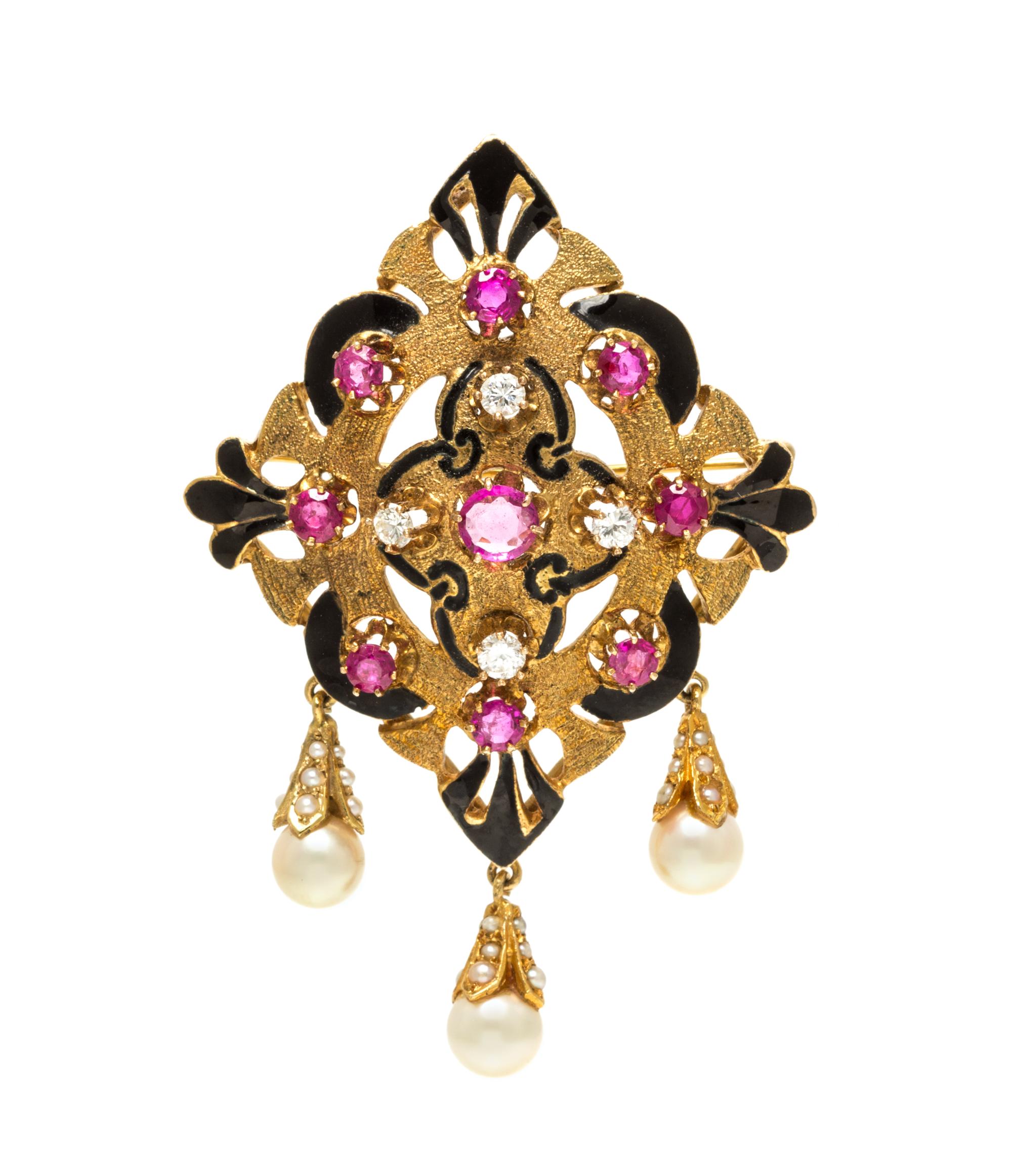 A 14 Karat Yellow Gold, Ruby, Diamond, Cultured Pearl and Enamel Pendant/Brooch, 13.05 dwts.