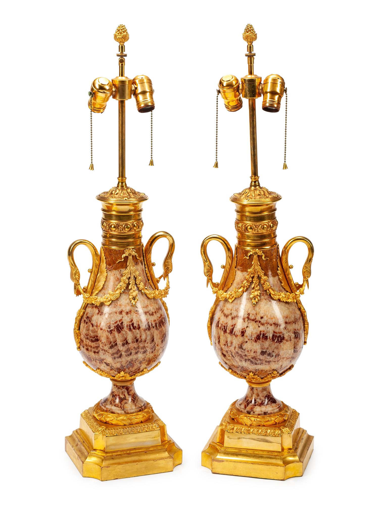 A Pair of French Gilt Metal Mounted Agate Urns
