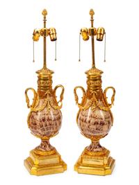 A Pair of French Gilt Metal Mounted Agate Urns