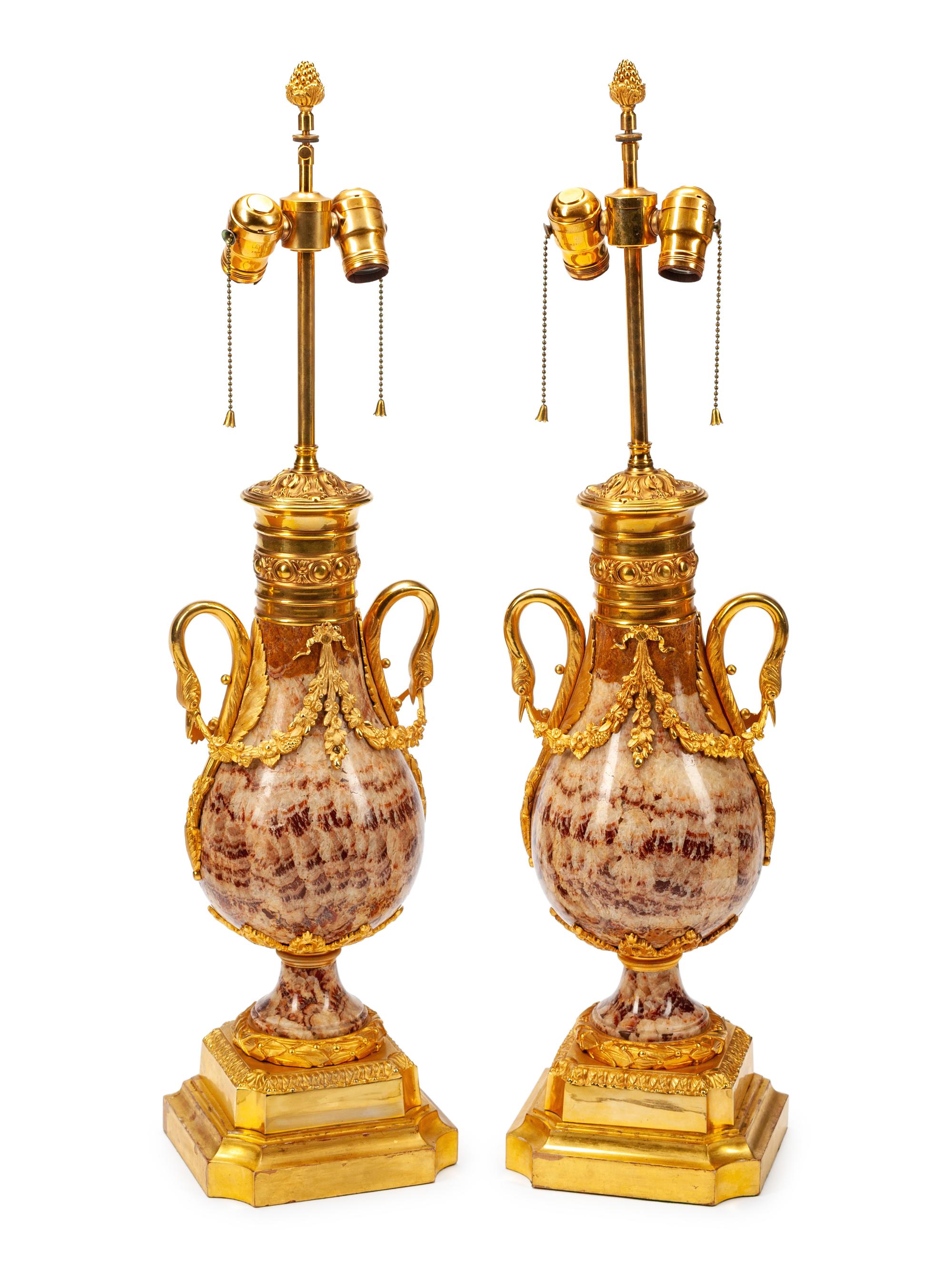 A Pair of French Gilt Metal Mounted Agate Urns