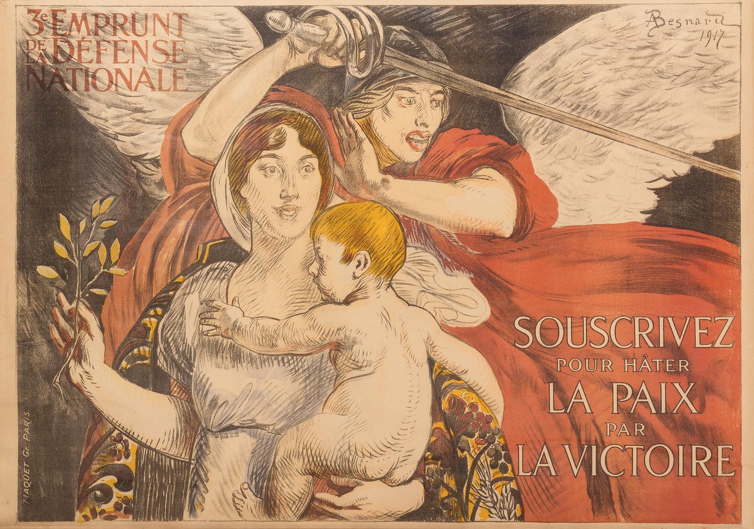 (WWI POSTERS) BESNARD, ALBERT. French WWI propaganda poster. 3e emprunt de la defense nationale... Paris, 1917. Framed.