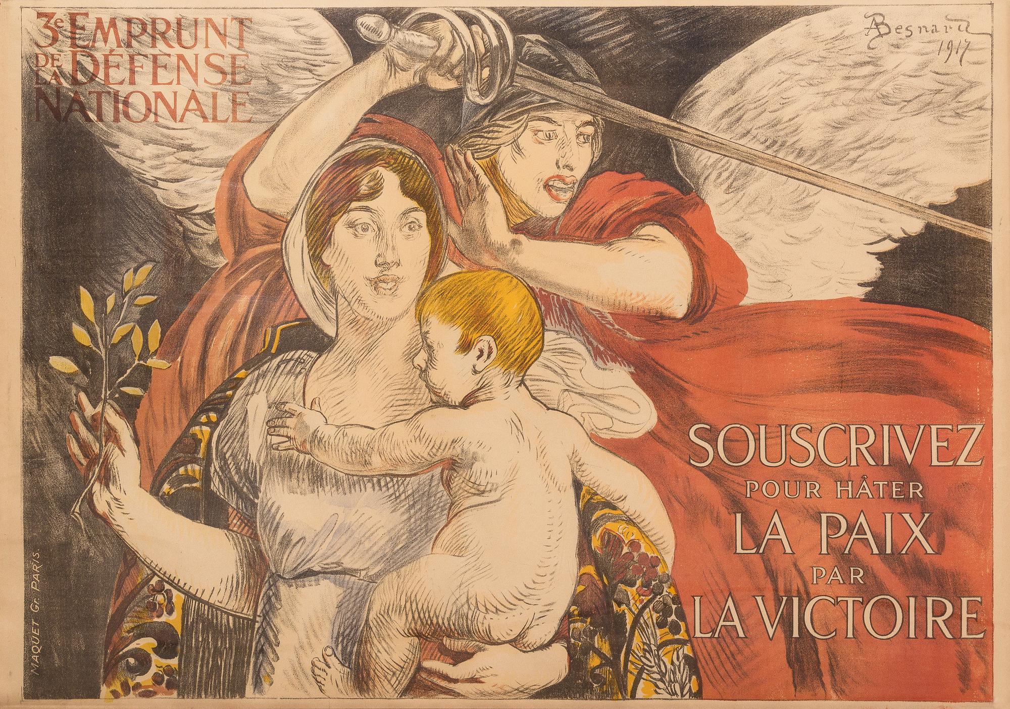 (WWI POSTERS) BESNARD, ALBERT. French WWI propaganda poster. 3e emprunt de la defense nationale... Paris, 1917. Framed.