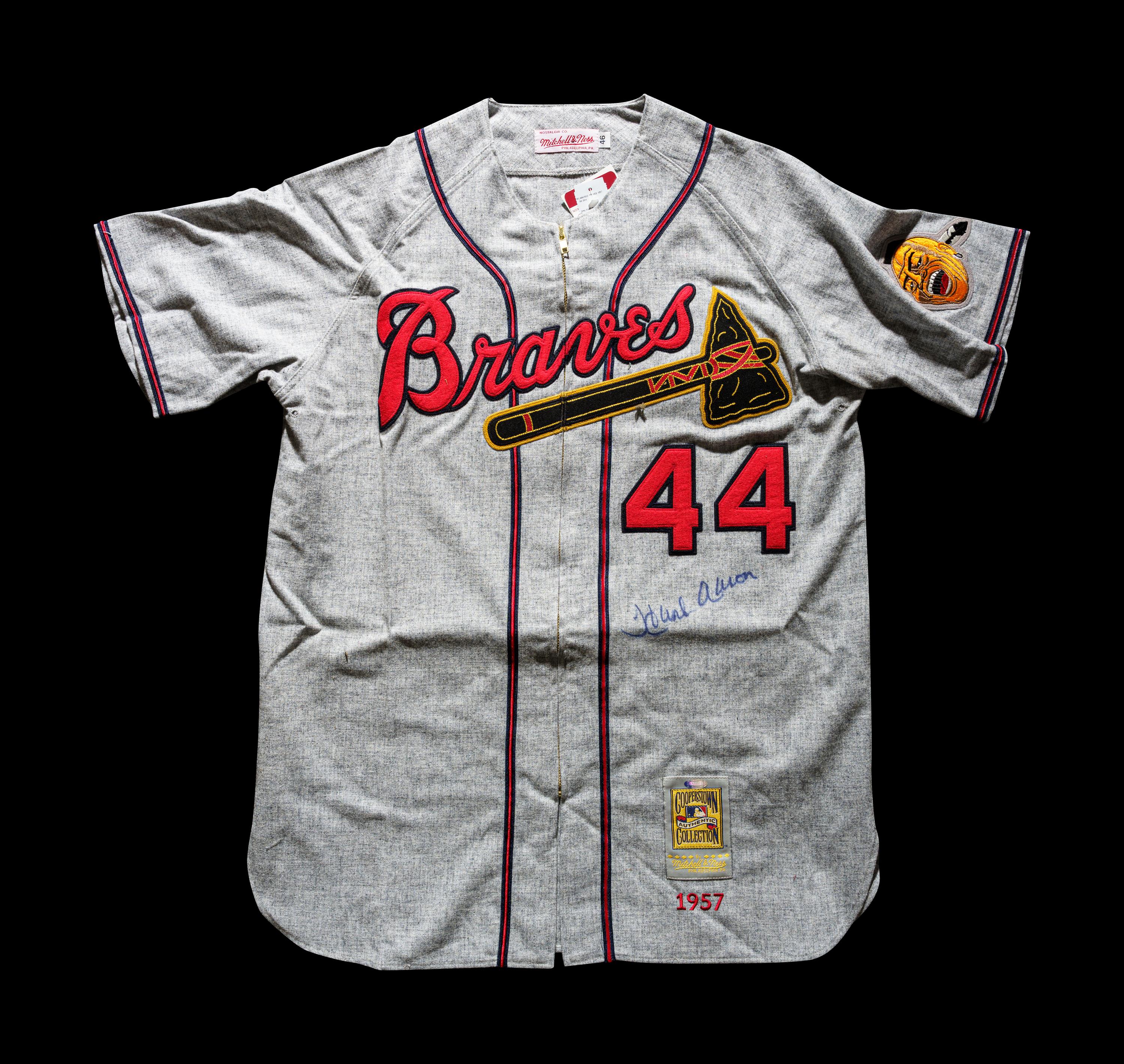 A Hank Aaron Signed 1957 Milwaukee Braves Mitchell & Ness Cooperston Collection Baseball Jersey (Steiner),