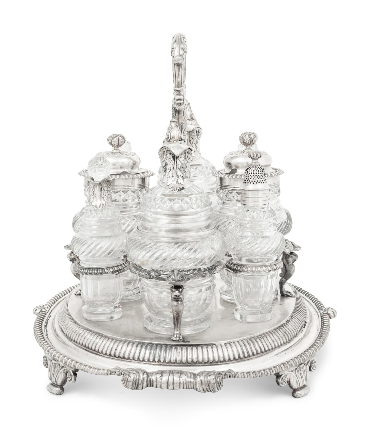 A Paul Storr Silver and Cut Glass Cruet Set