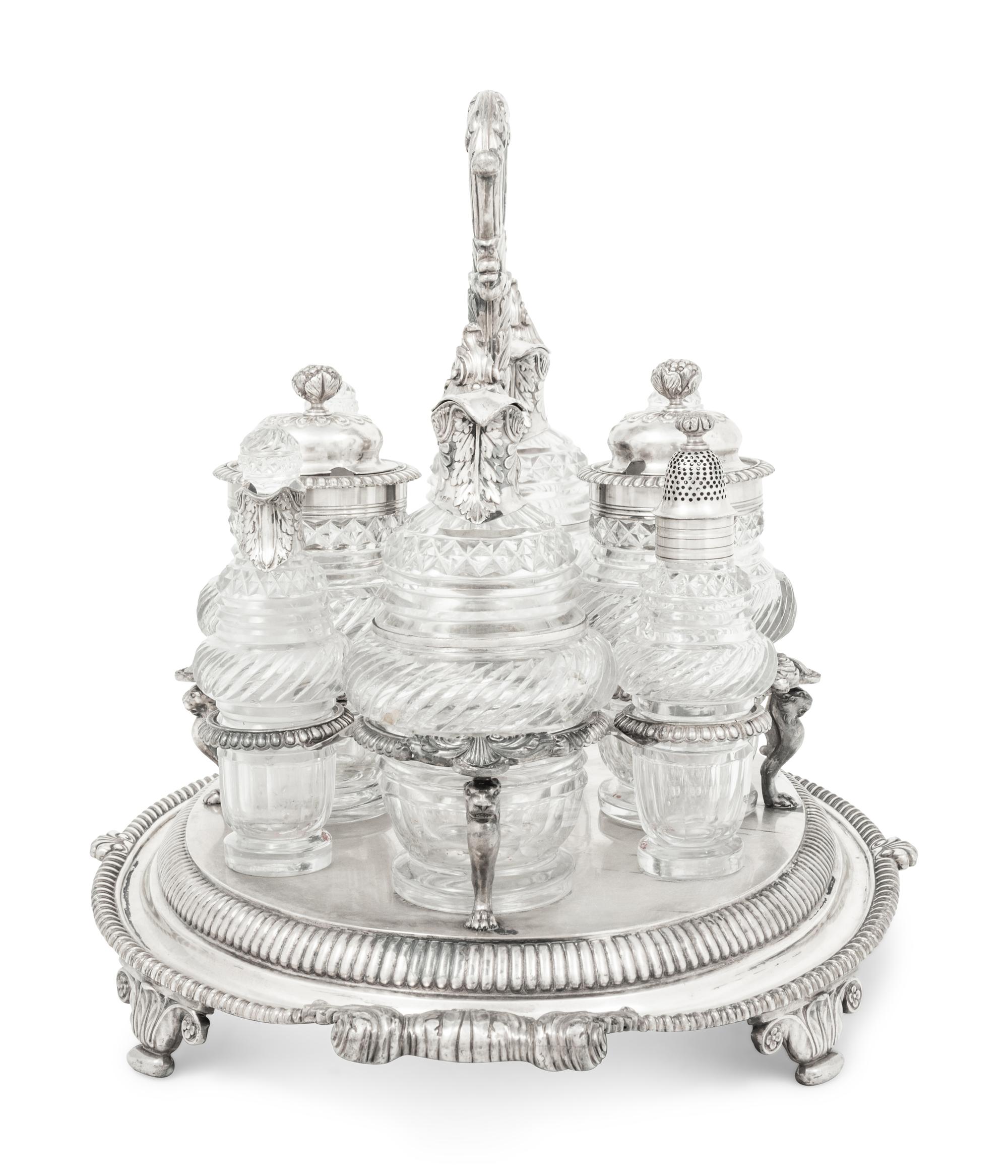 A Paul Storr Silver and Cut Glass Cruet Set