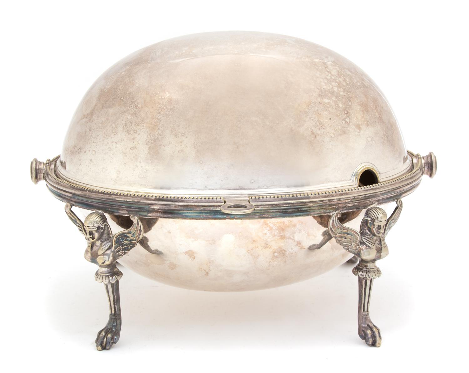 An English Silver Plate Egyptian Revival Style Bun Warmer Height 8 3/4 x length 12 1/2 inches. — 19TH CENTURY