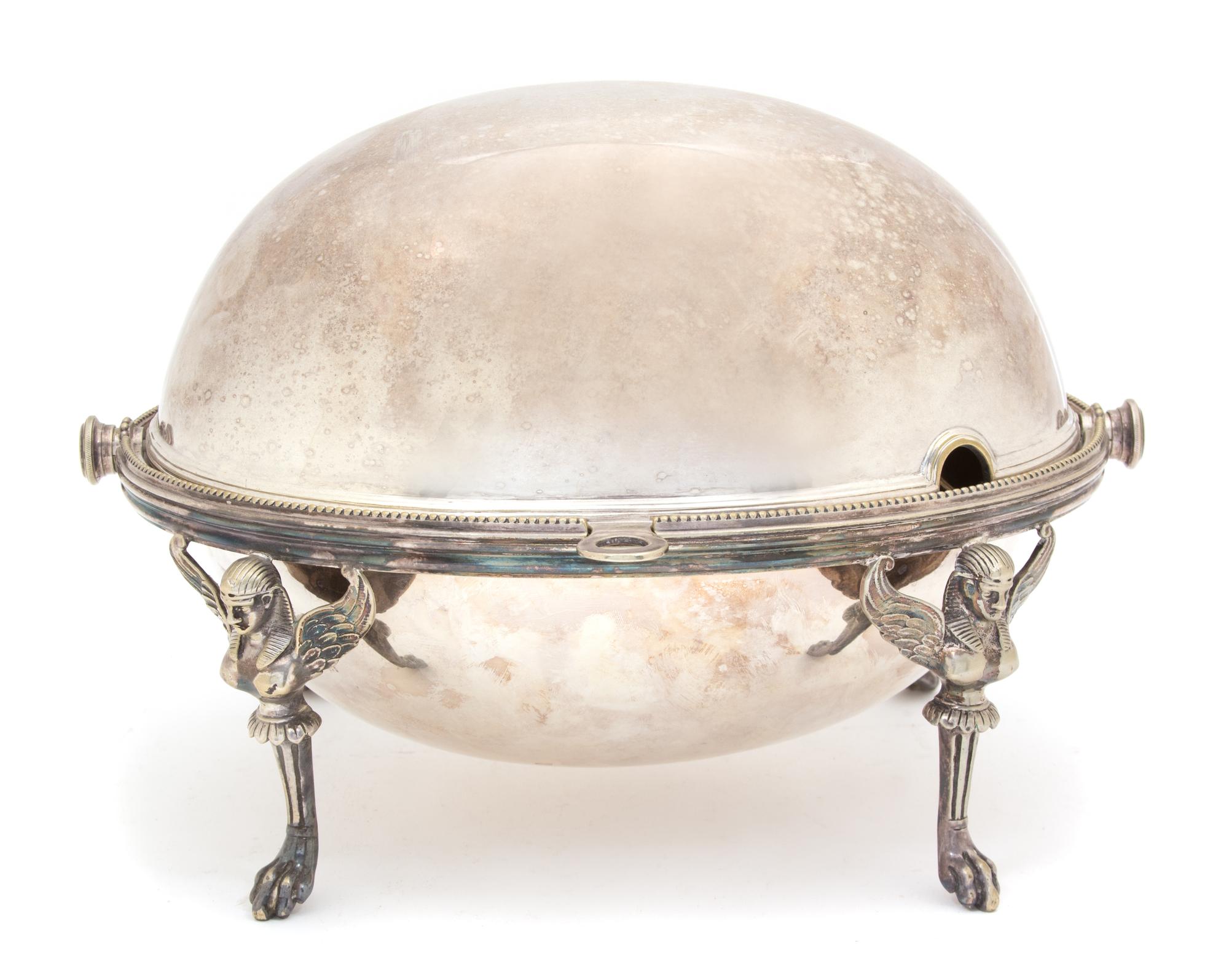 An English Silver Plate Egyptian Revival Style Bun Warmer Height 8 3/4 x length 12 1/2 inches. — 19TH CENTURY