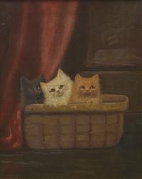 American School 19th Century, Basket with Three Kittens