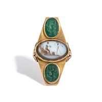A Roman Banded Agate and Two Green Jasper Ring Stones with Mythological Figures — Set in a gold ring