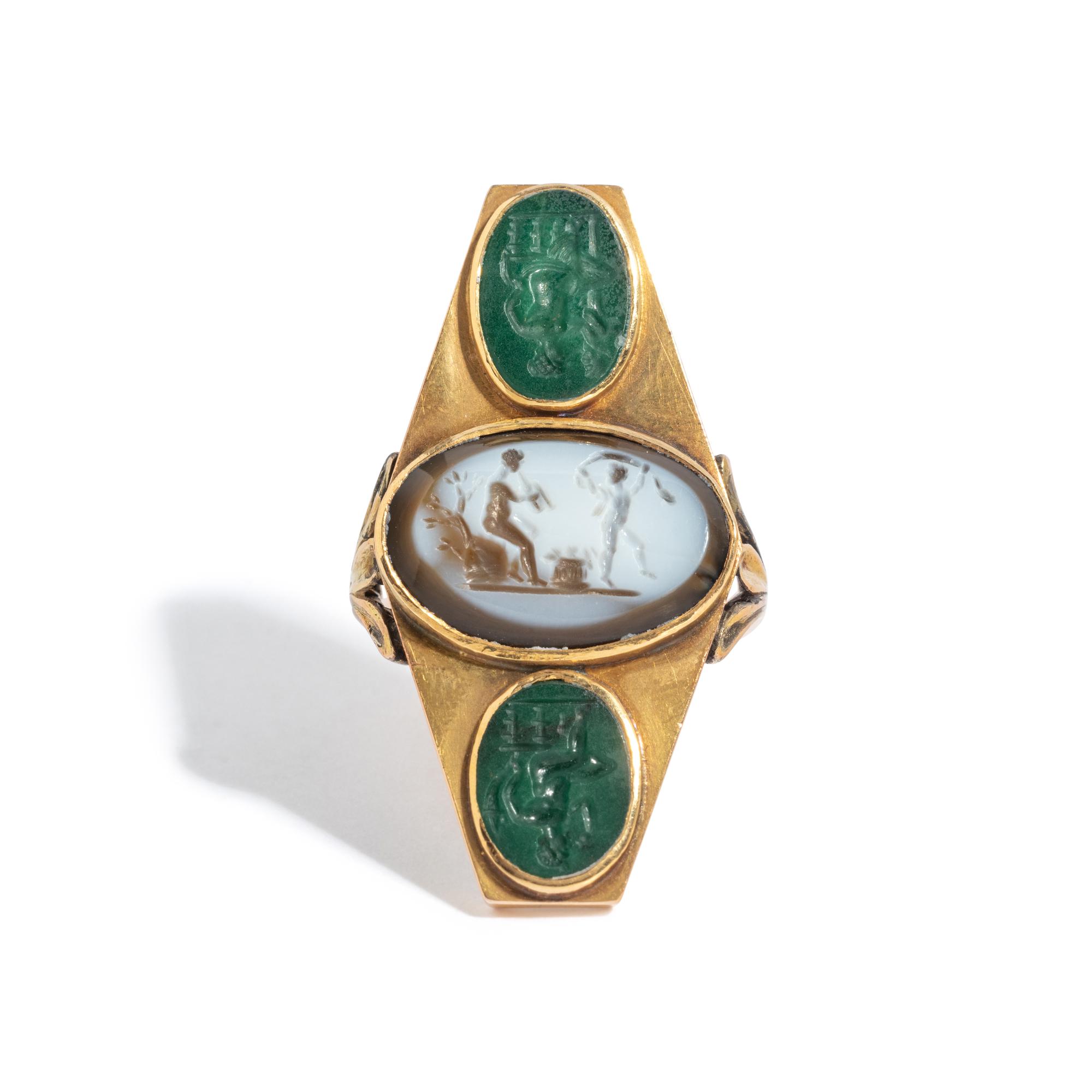 A Roman Banded Agate and Two Green Jasper Ring Stones with Mythological Figures — Set in a gold ring