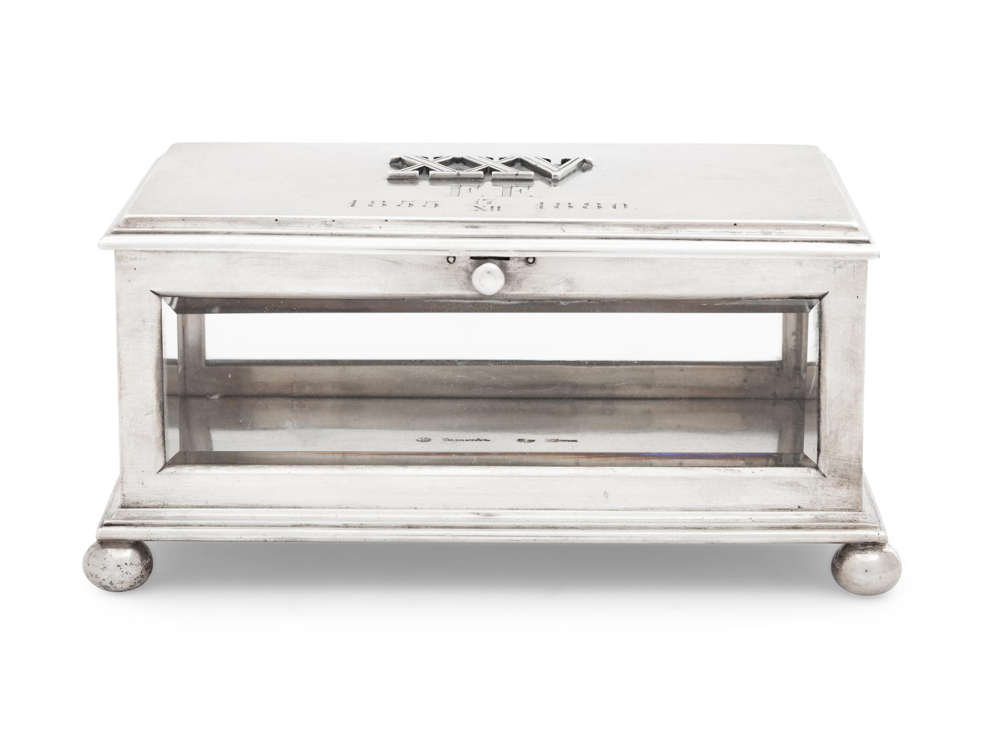 A Russian Silver and Glass-Inset Presentation Table-Top Cigarette Box