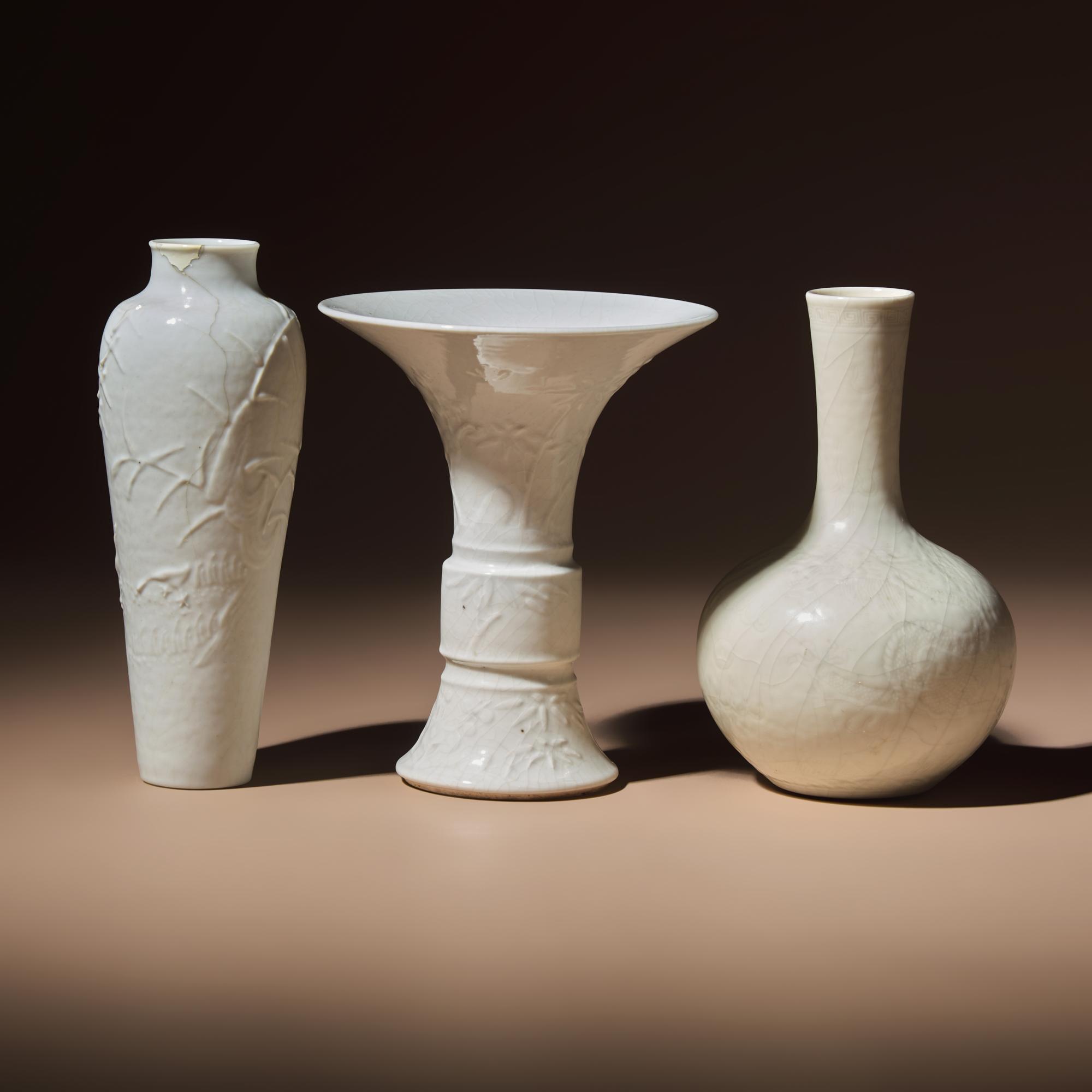 Three Chinese White Glazed Porcelain Vases, Mid Qing Dynasty — 清中期 德化白瓷瓶三件