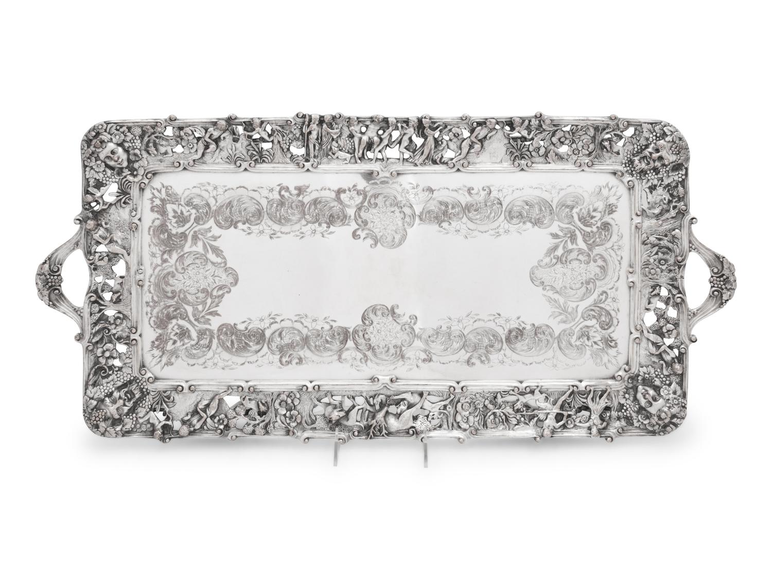 Two Large Decorative Silver-Plate Serving Trays