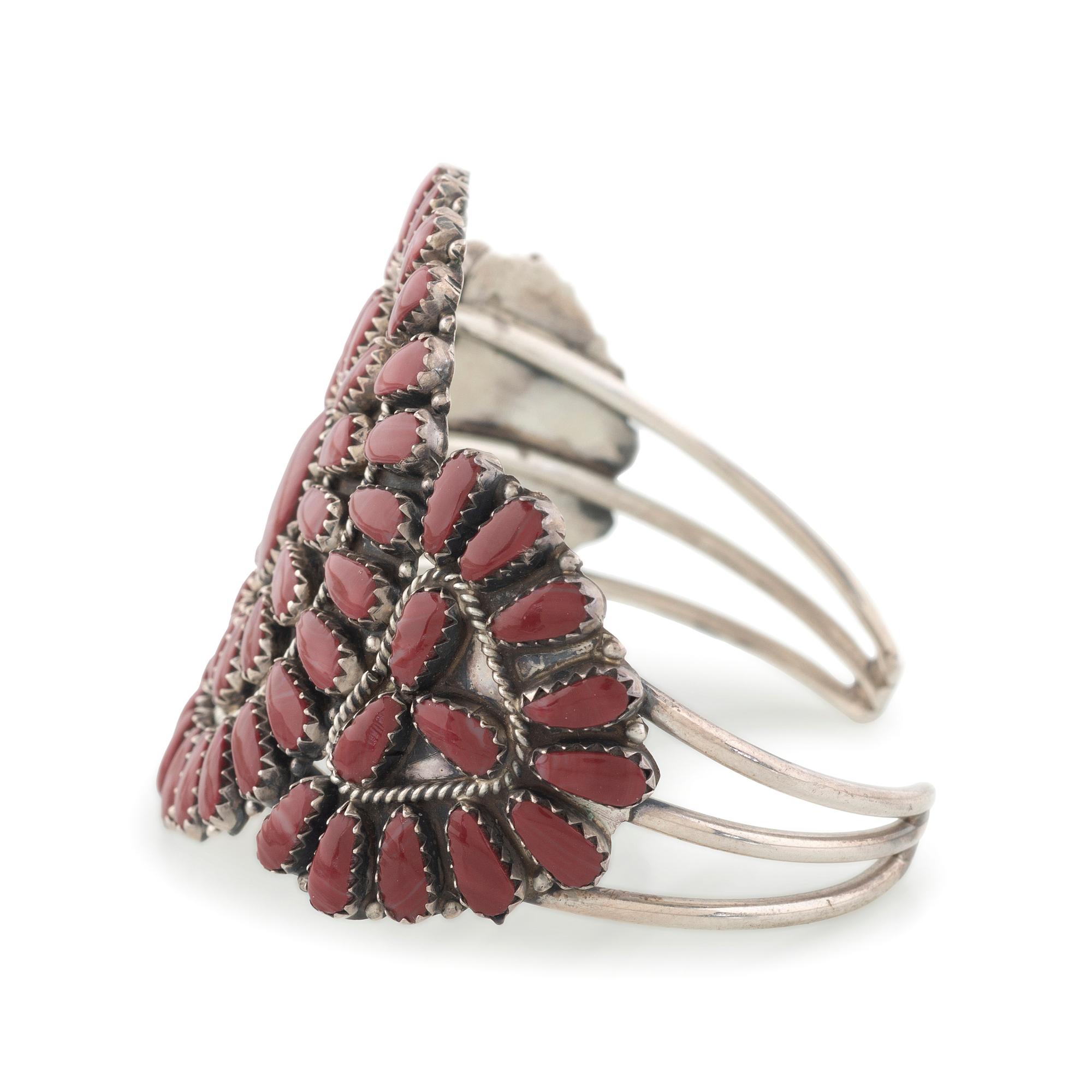 Sterling Silver and Coral Cluster Cuff Bracelet