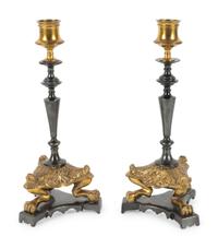 A Pair of French Empire Style Brass and Steel Candlesticks