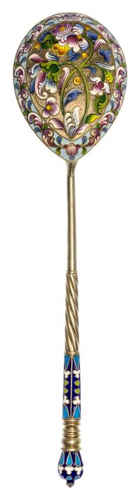 A Russian Silver and Enamel Serving Spoon, Mark of Pavel Ovchinnikov with Imperial warrant, Moscow, late 19th century, having a blue en