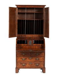A George II Burl Walnut Slant Front Secretary Bookcase