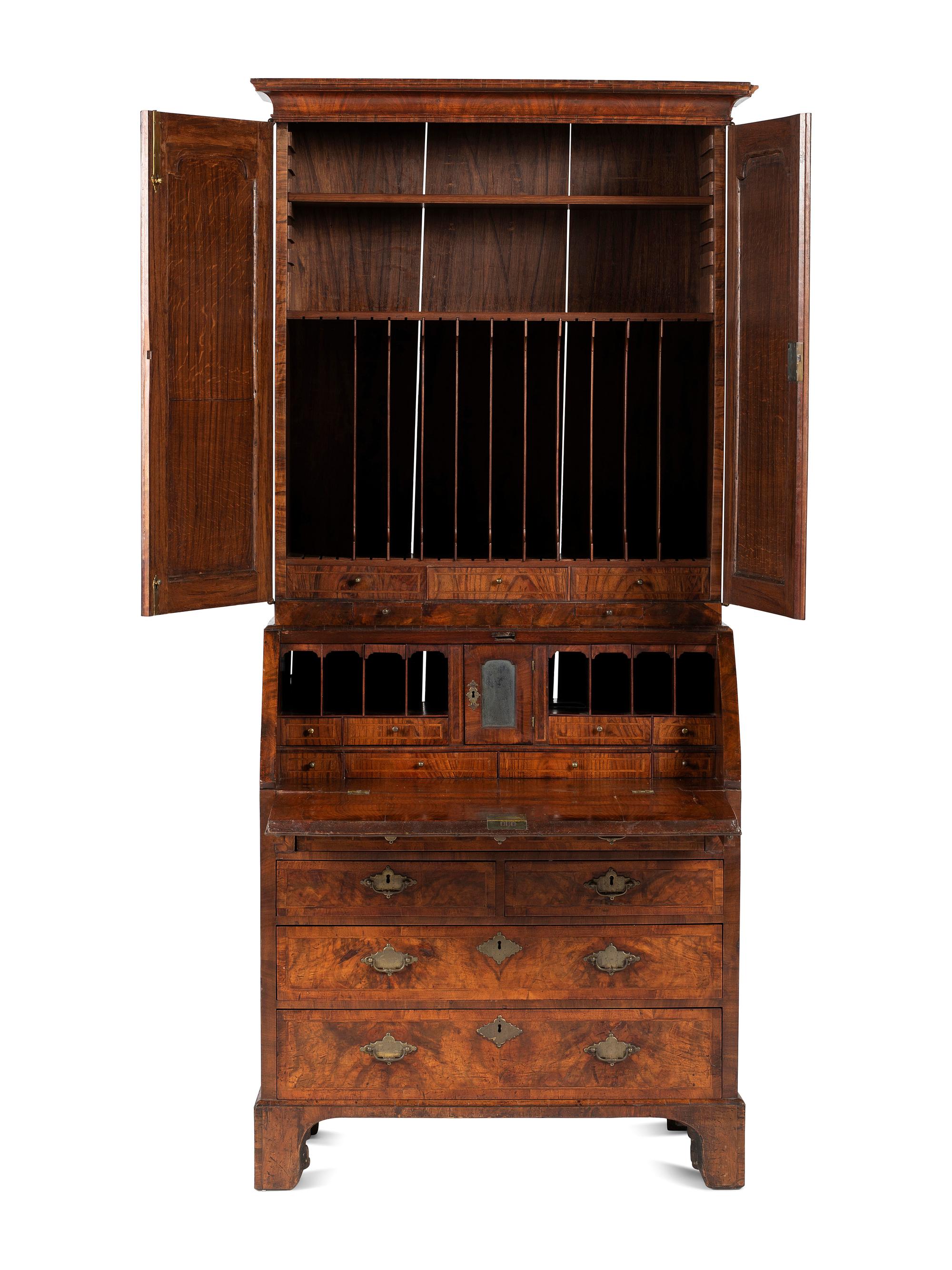 A George II Burl Walnut Slant Front Secretary Bookcase