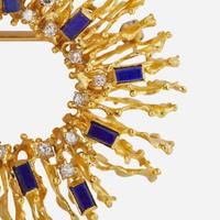 An 18K Yellow Gold, Diamond, and Lapiz Lazuli Pin Brutalist, c.1980
