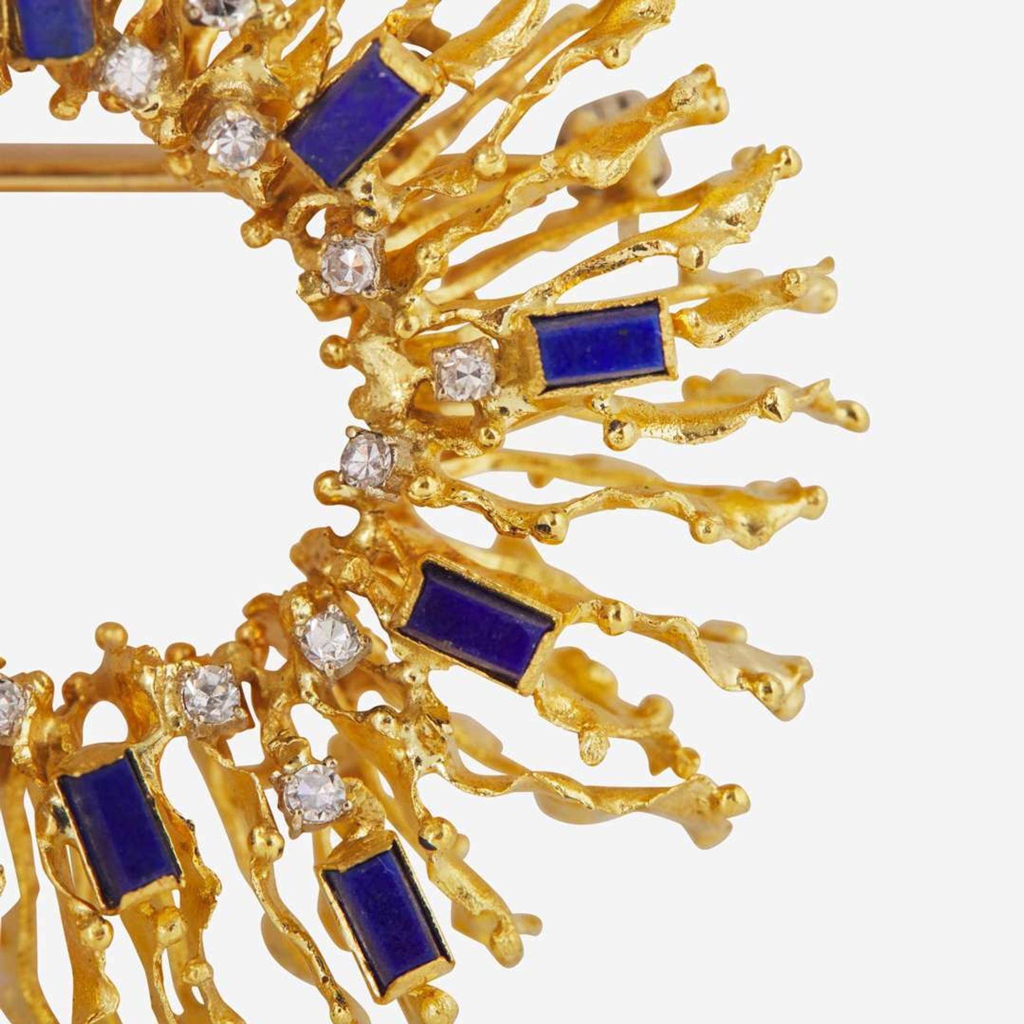 An 18K Yellow Gold, Diamond, and Lapiz Lazuli Pin Brutalist, c.1980