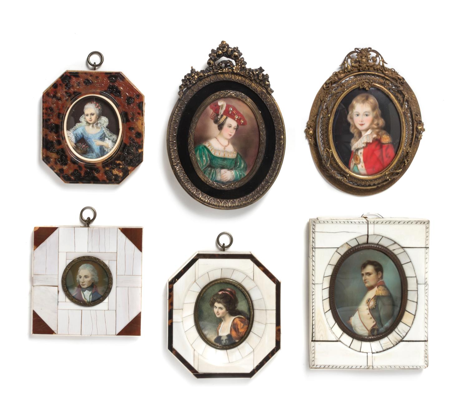 A Group of Six Continental Portrait Miniatures, Height of first 3 3/8 x width 2 1/2 inches.
