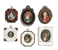 A Group of Six Continental Portrait Miniatures, Height of first 3 3/8 x width 2 1/2 inches.