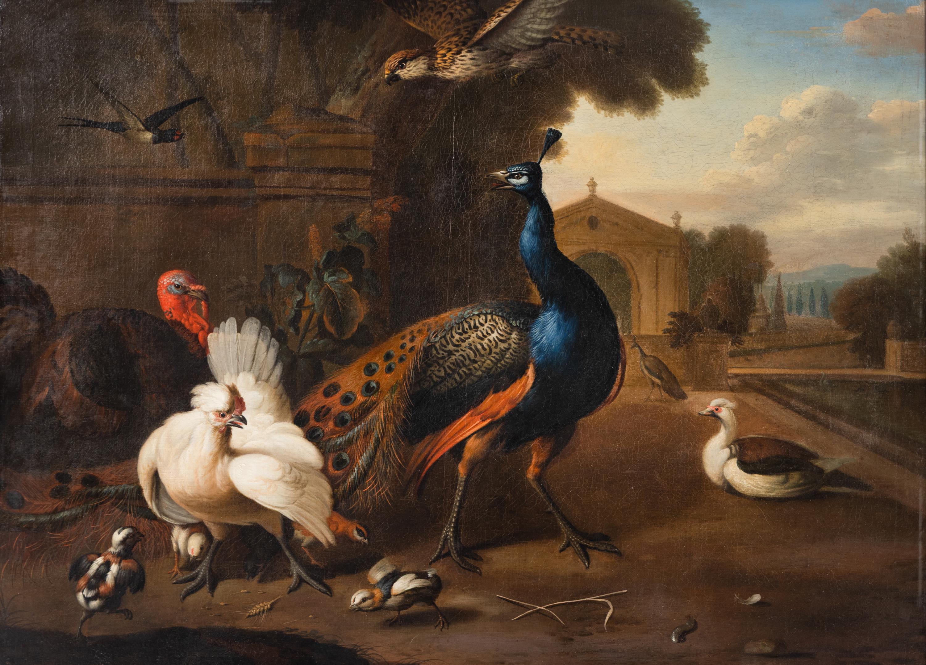 Follower of Melchoir d'Hondecoeter (Dutch, 1636-1695) — A Peacock, Turkey, Chicken and Other Birds in an Ornamental Garden