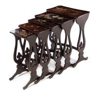 A Set of Five English Lacquered Nesting Tables Height of tallest 27 3/4 x width 21 x depth 12 3/8 inches. — 20TH CENTURY