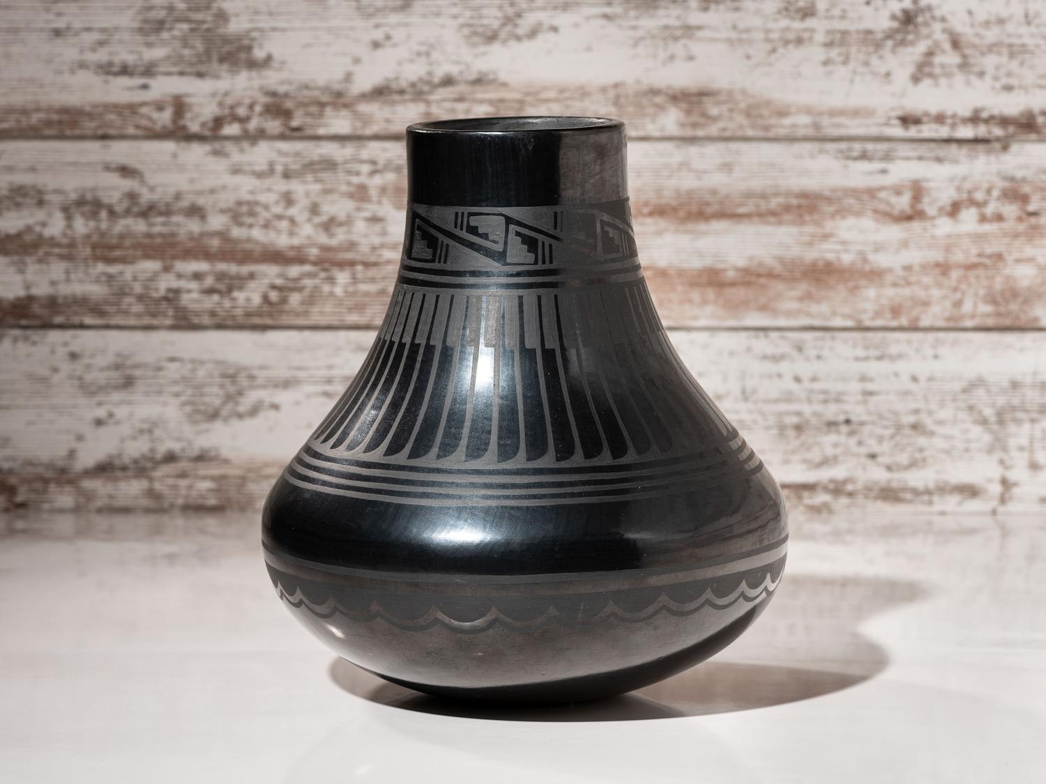 Blackware Pottery Jar, with Repeating Feathers