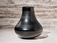 Blackware Pottery Jar, with Repeating Feathers