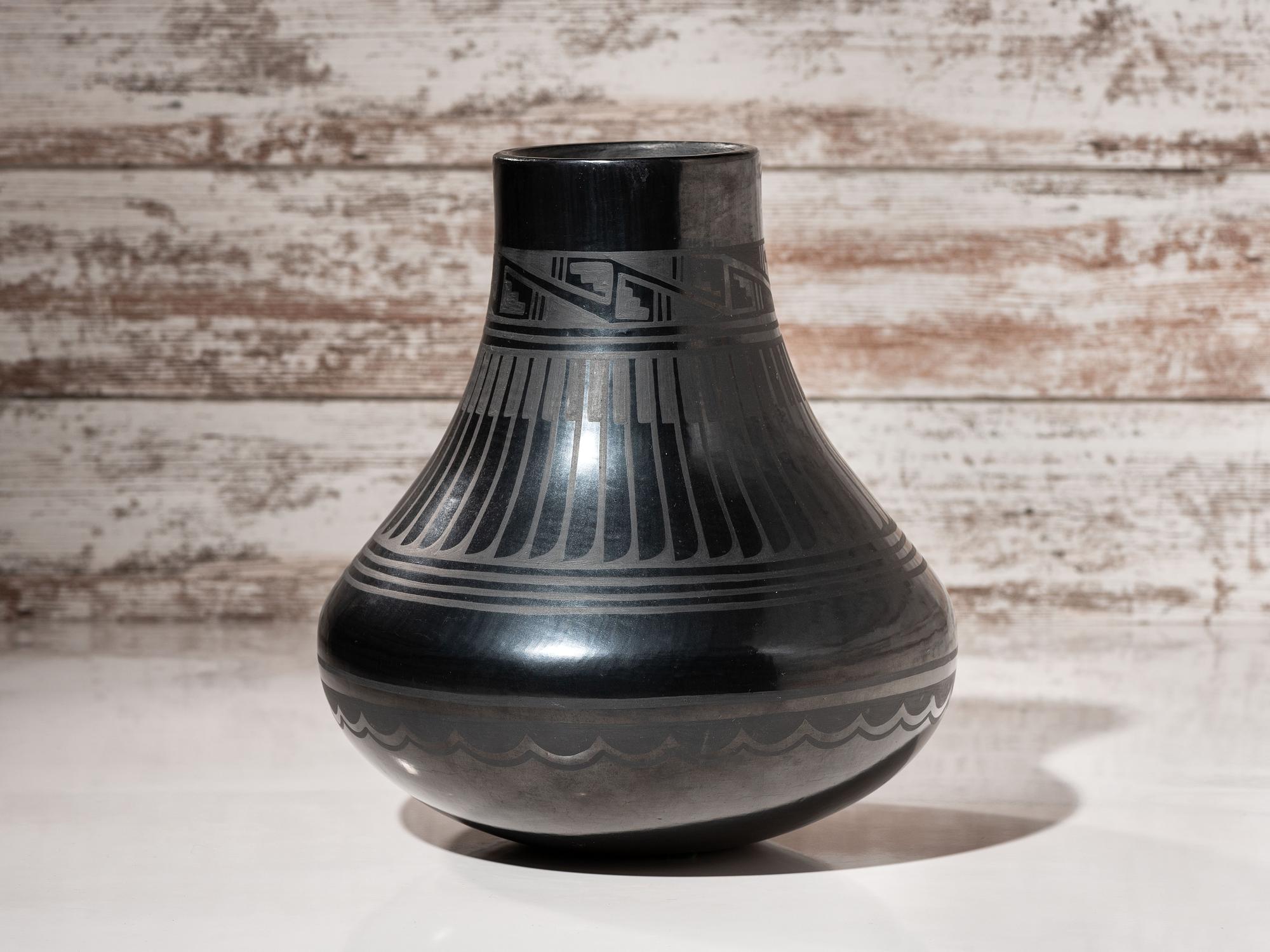 Blackware Pottery Jar, with Repeating Feathers