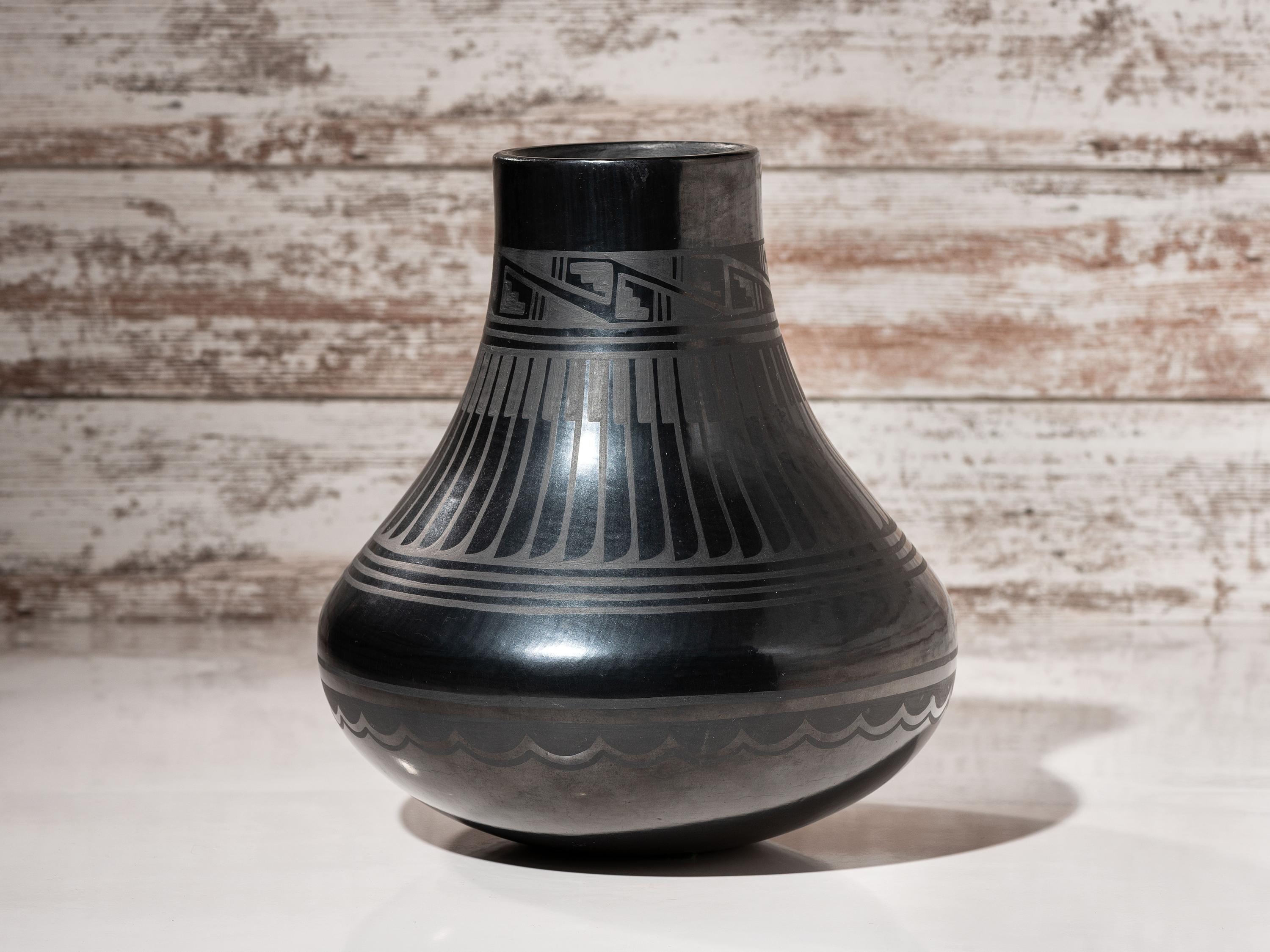 Blackware Pottery Jar, with Repeating Feathers