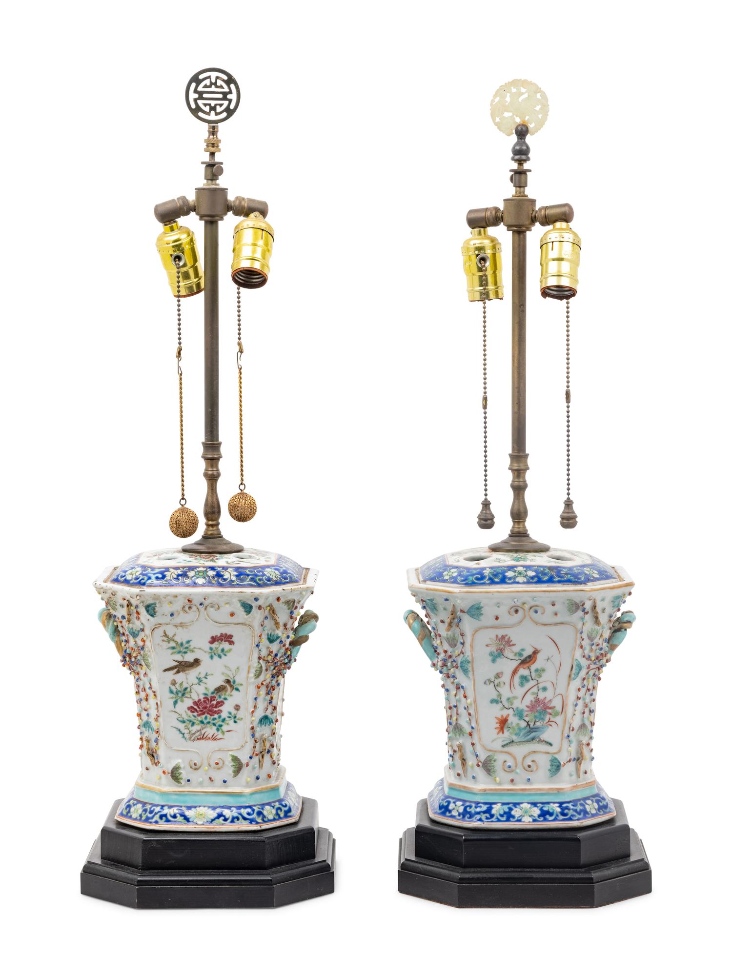 A Pair of Chinese Export Famille Rose Porcelain Tulipières Mounted as Lamps