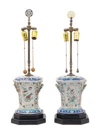 A Pair of Chinese Export Famille Rose Porcelain Tulipières Mounted as Lamps