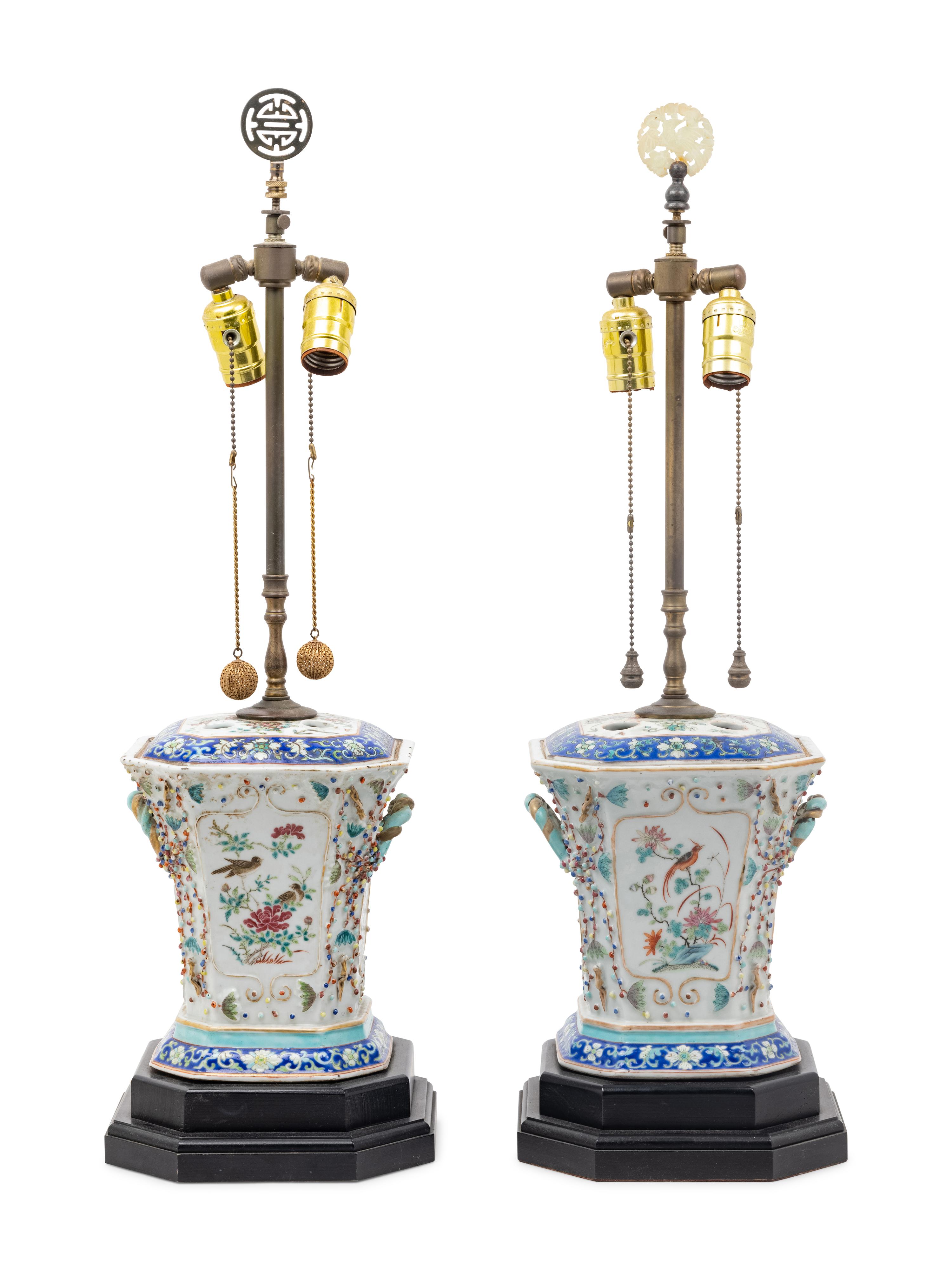 A Pair of Chinese Export Famille Rose Porcelain Tulipières Mounted as Lamps