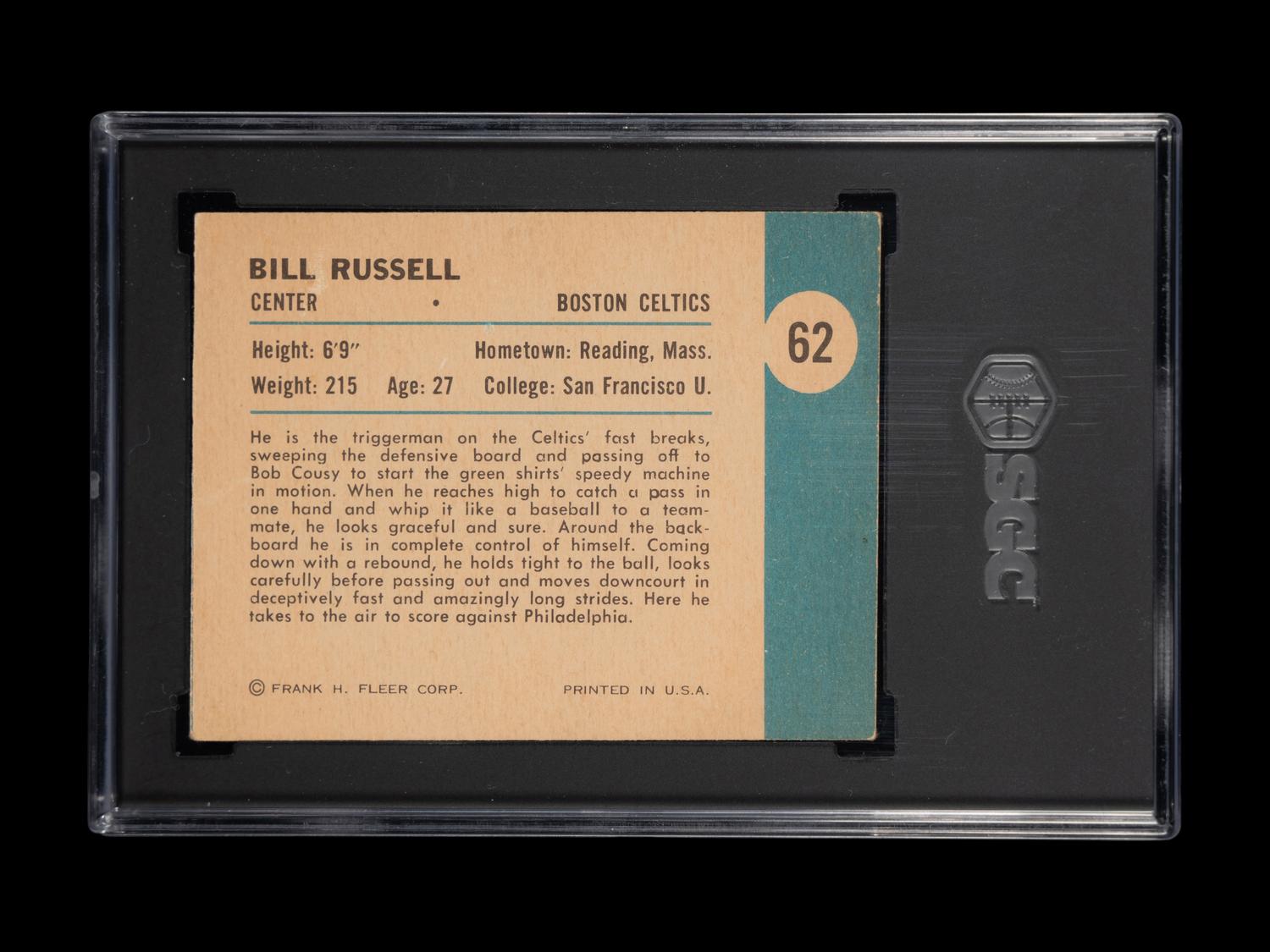 A 1961-62 Fleer Bill Russell Takes To The Air Basketball Card No 62 (SGC 3 VG)