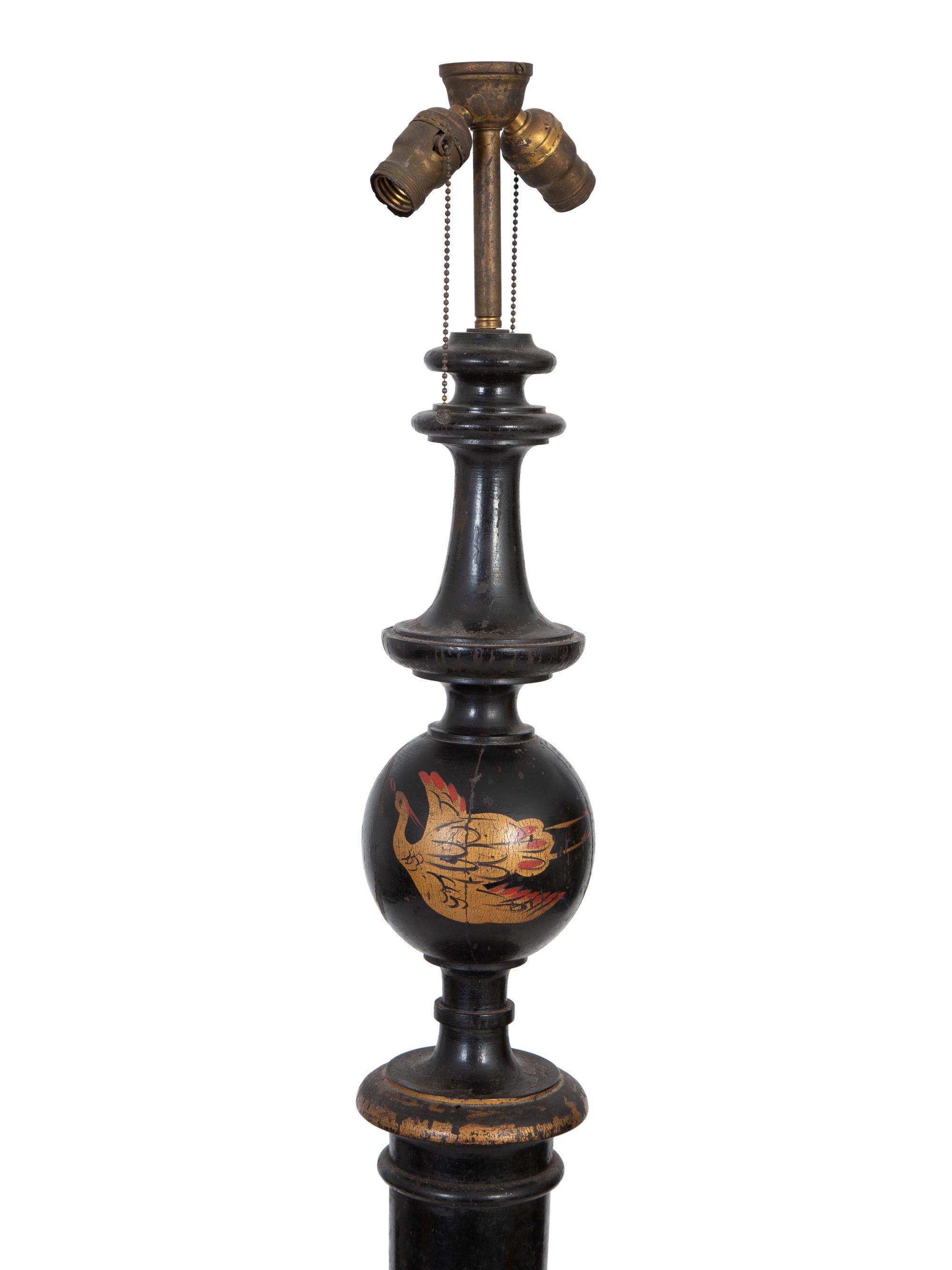 A Chinoiserie Black and Polychromed Lacquer Floor Lamp — EARLY 20TH CENTURY