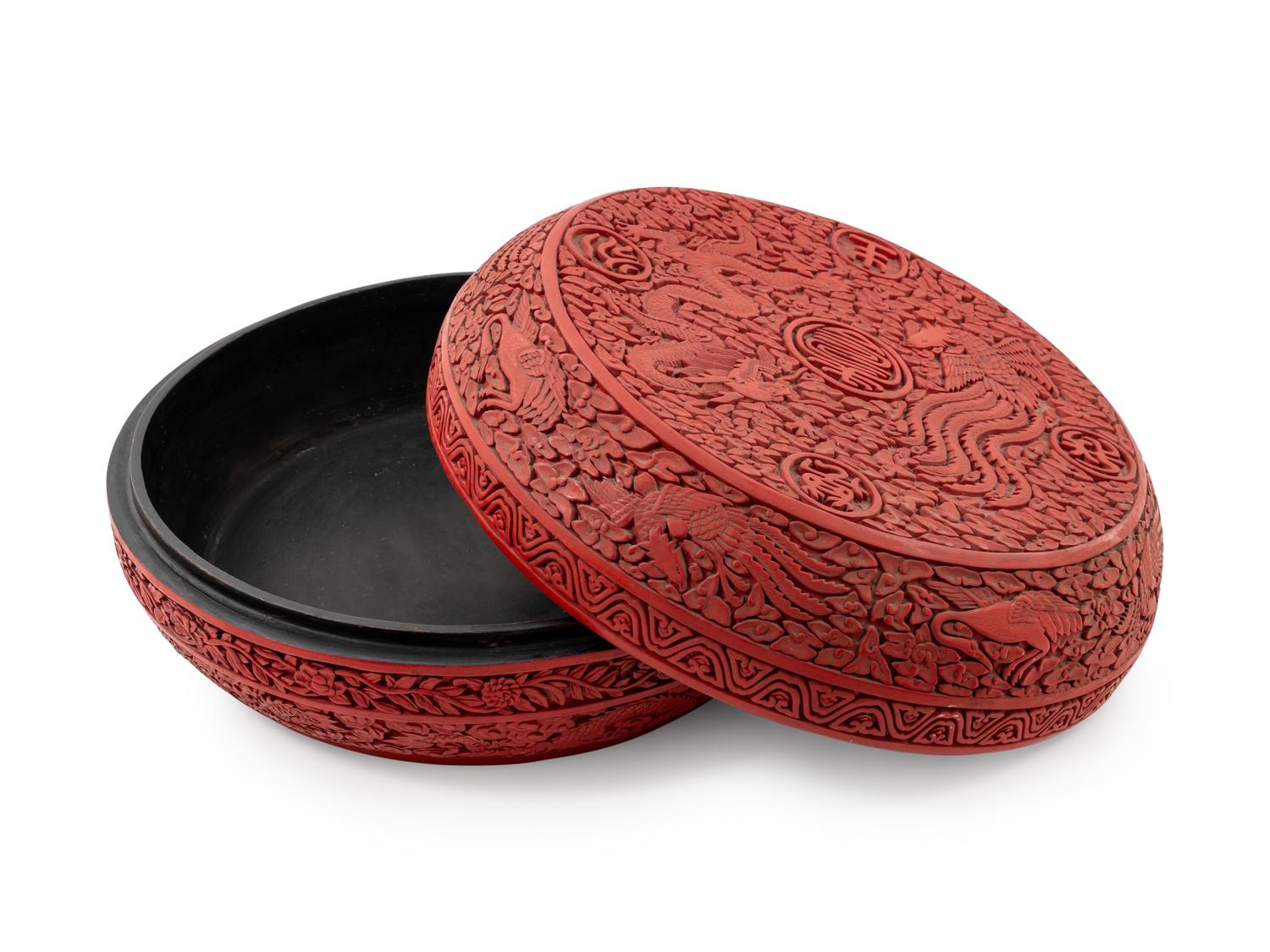 Three Large Chinese Carved Red Lacquer Covered Boxes