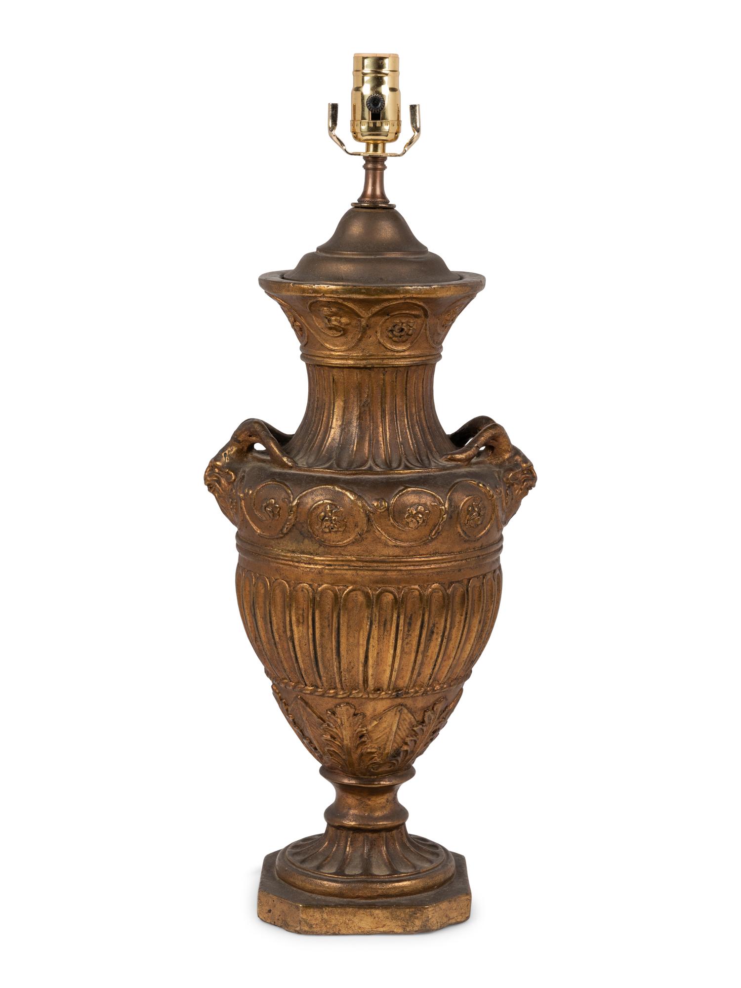 A Neoclassic Style Gilt Composition Urn Mounted as a Lamp