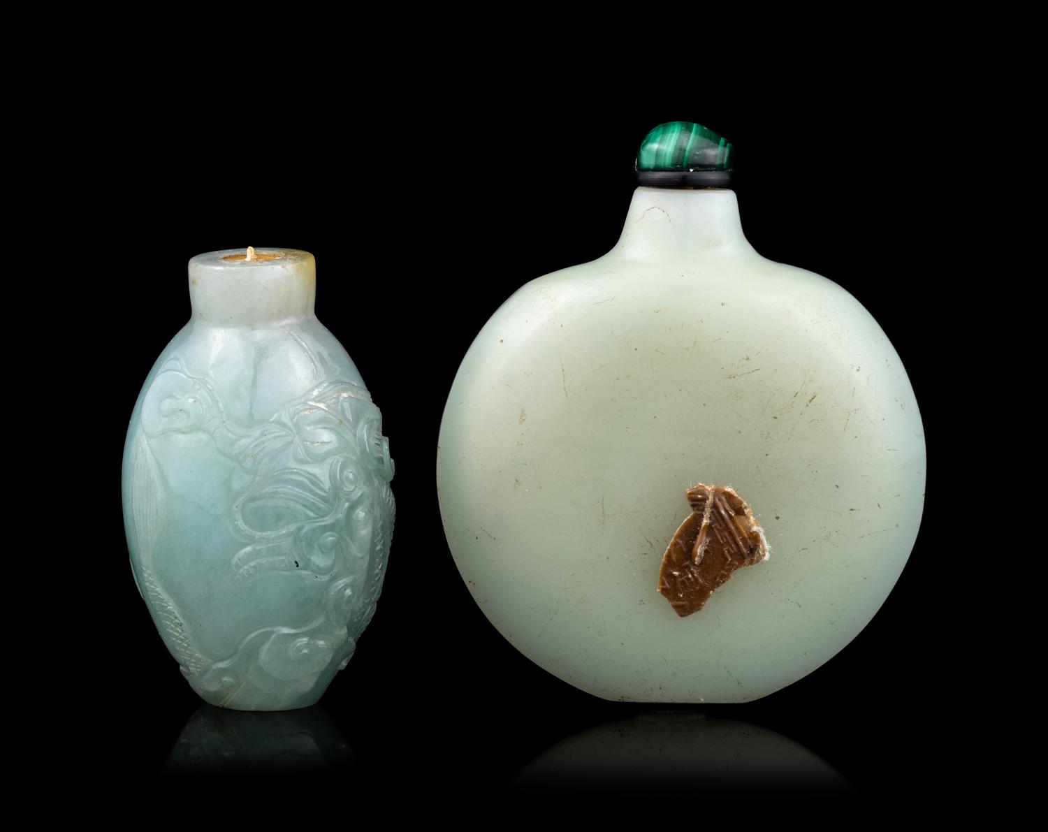 Two Chinese Jade and Jadeite Snuff Bottles