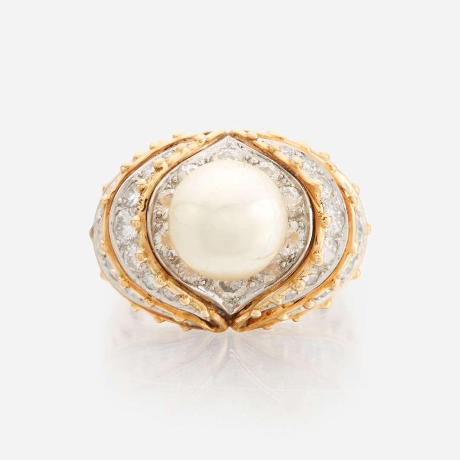 A cultured pearl, diamond, gold, and platinum ring