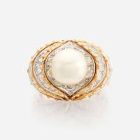 A cultured pearl, diamond, gold, and platinum ring