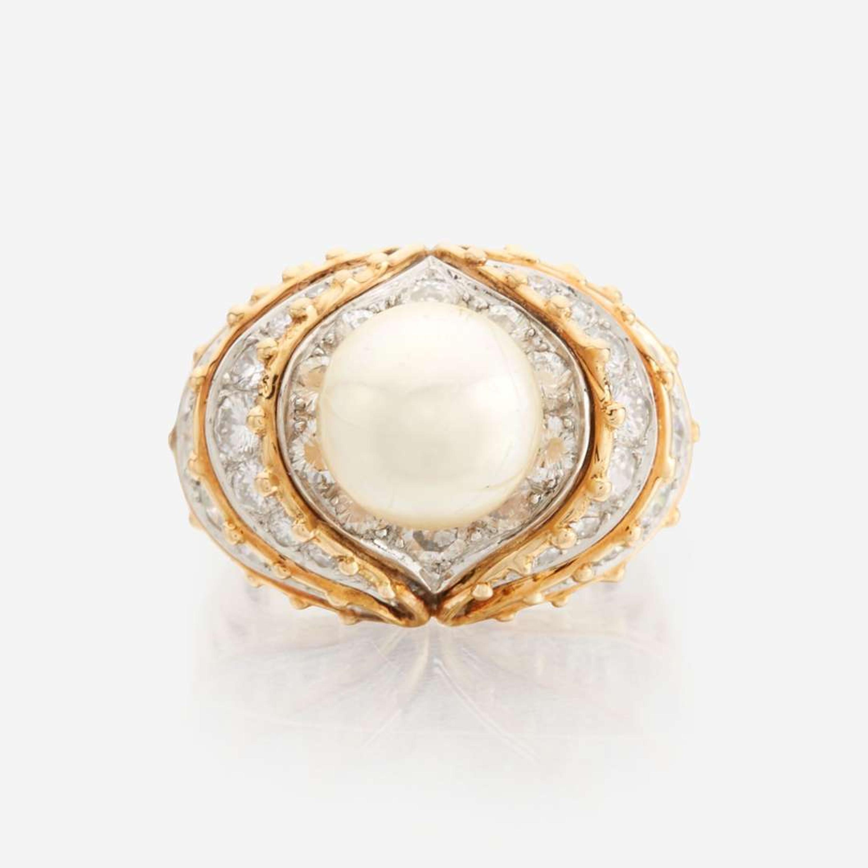A cultured pearl, diamond, gold, and platinum ring