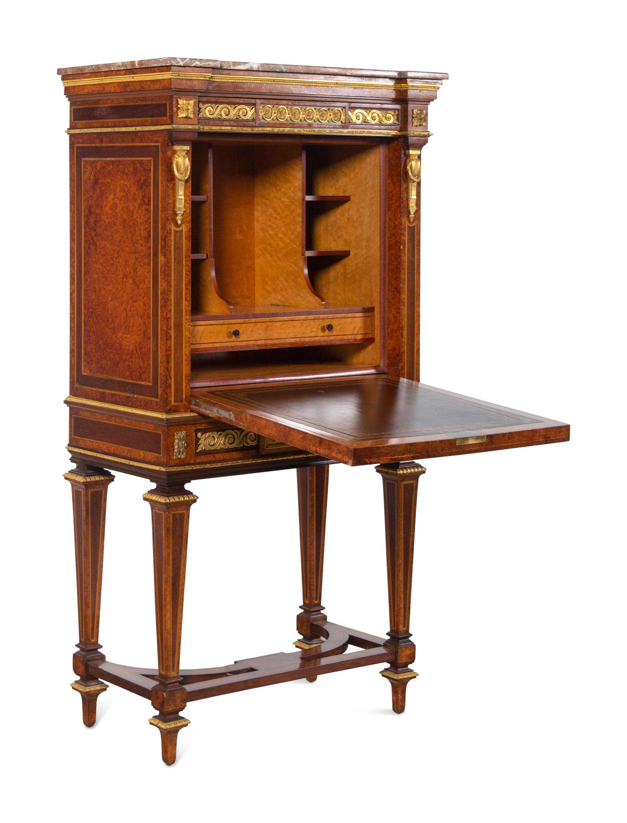 A Louis XVI Style Gilt Bronze Mounted Amboyna Marble-Top Secrétaire à Abattant